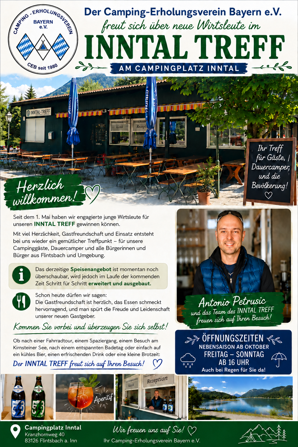 Flyer für den Inntal Treff am Campingplatz Inntal in Flintsbach am Inn mit Terrasse und Gastgeber Antonio Petrusic. Öffnungszeiten in der Nebensaison ab Oktober: Freitag bis Sonntag ab 16 Uhr.